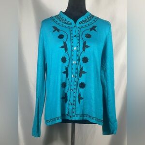 DLG Women's Large Sweater Turquoise Black Floral Embroidered Long Sleeve Sz L